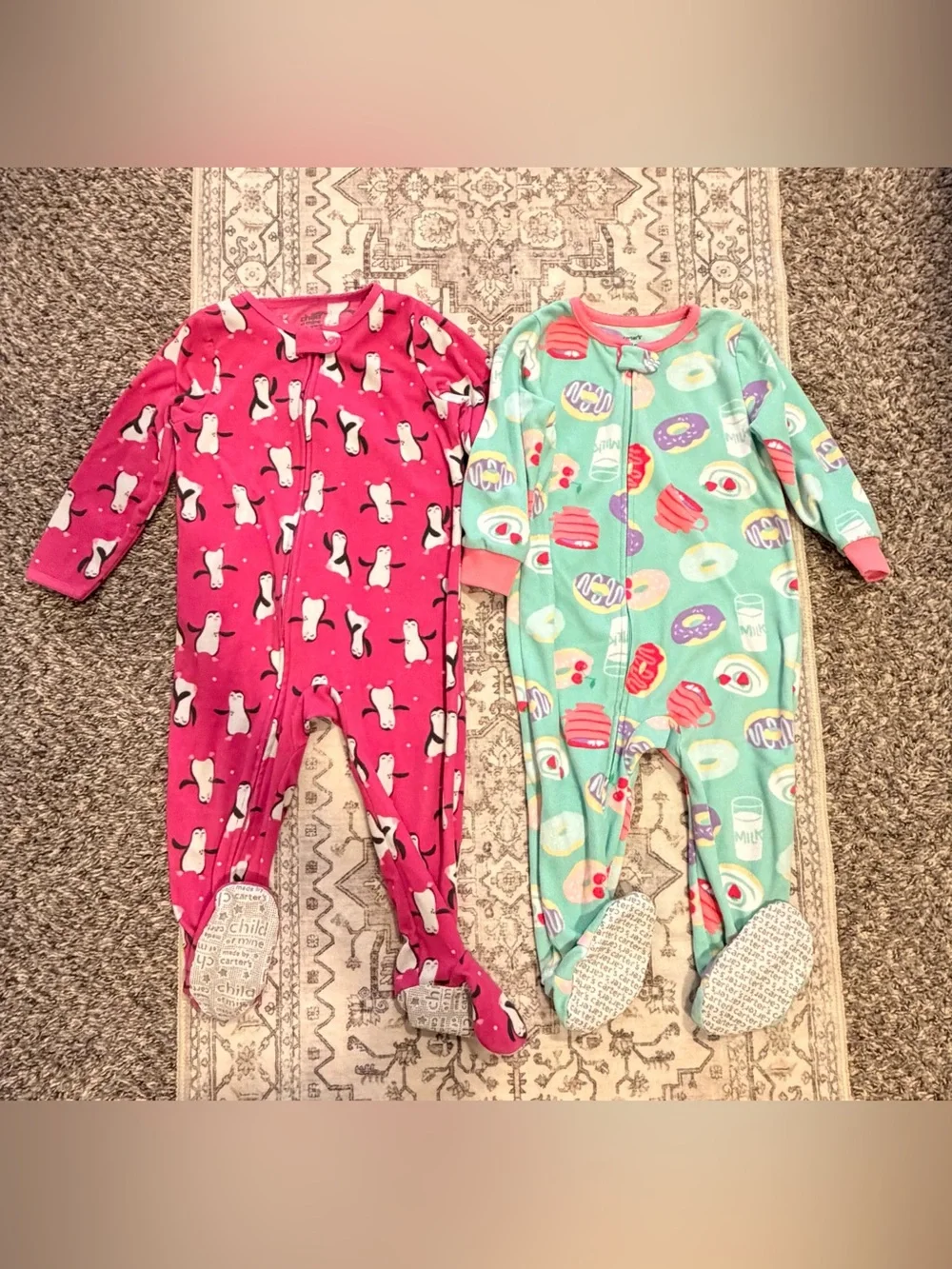 Carter's Pink Penguin Footed One-Piece & Mint Snack Print Pajamas - Two Pack